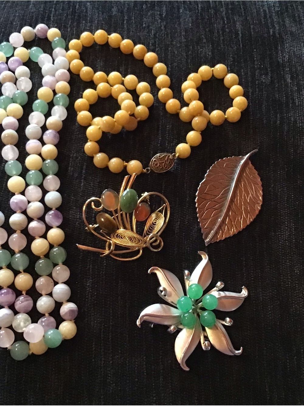 Multicolor Beaded Necklace and Floral Brooch Set - costume jewelry lot.